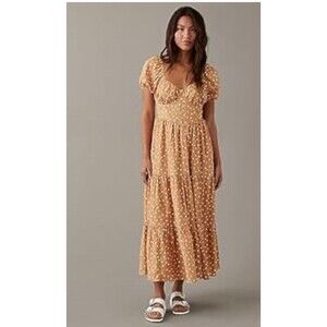American Eagle Polka Dot Maxi Dress Tan Puff Sleeve‎  NWT XS